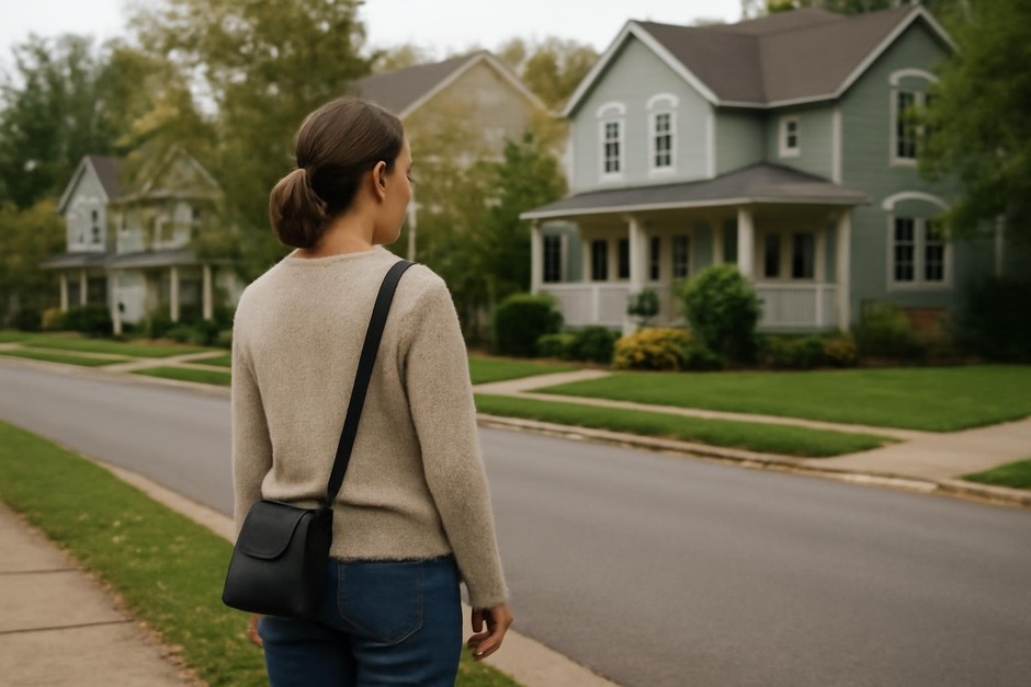 Person pausing on a residential street to look at a row of houses